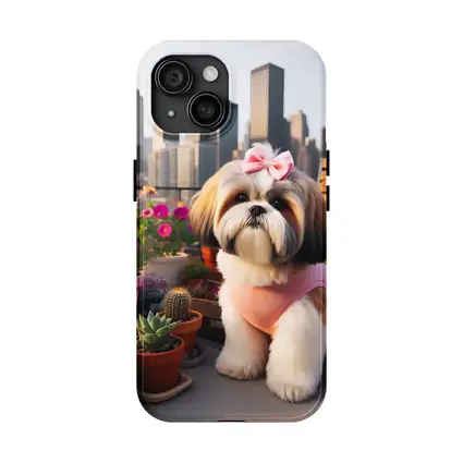 Shih Tzu Dog City Skyline Balcony Flowers