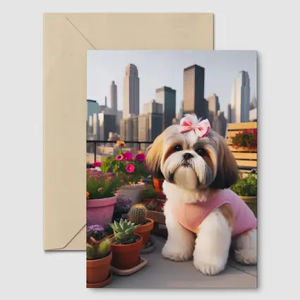 Shih Tzu Dog City Skyline Balcony Flowers