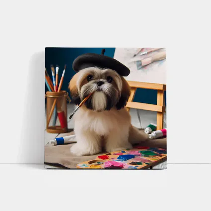 Shih Tzu Artist Wearing Beret With Paintbrush