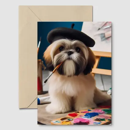 Shih Tzu Artist Wearing Beret With Paintbrush