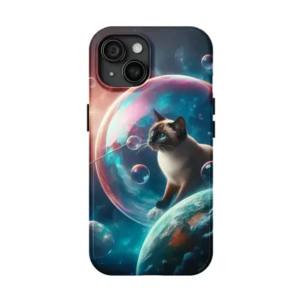 Siamese Cat Blowing Bubbles in Space