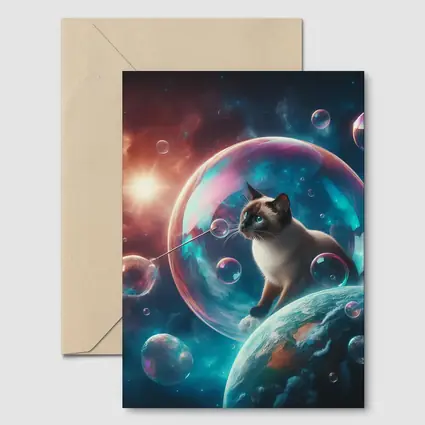 Siamese Cat Blowing Bubbles in Space