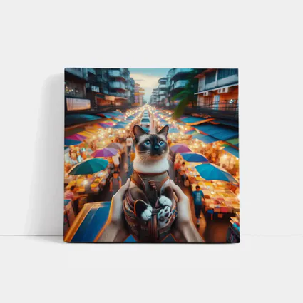 Siamese Cat Over Colorful Night Market Street