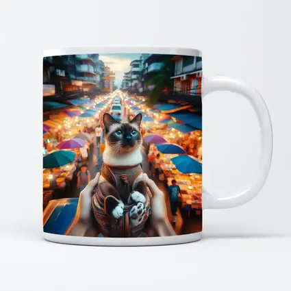 Siamese Cat Over Colorful Night Market Street