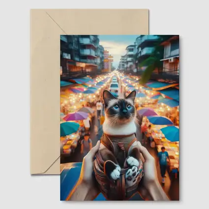 Siamese Cat Over Colorful Night Market Street