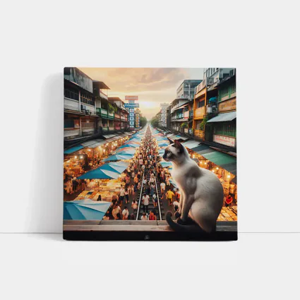 Siamese Cat Overlooking Busy Thailand Street Market