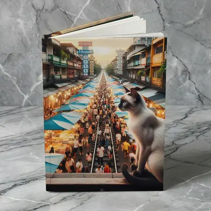 Siamese Cat Overlooking Busy Thailand Street Market