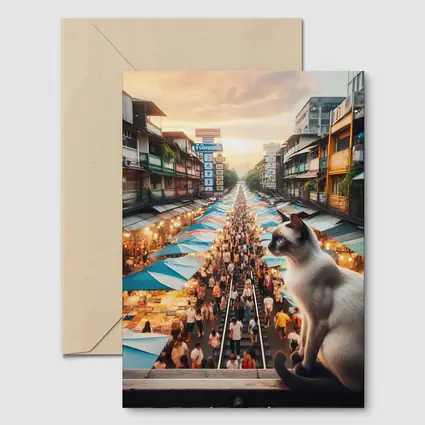 Siamese Cat Overlooking Busy Thailand Street Market