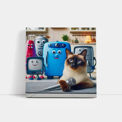Siamese Cat With Cartoon Appliances Kitchen Scene