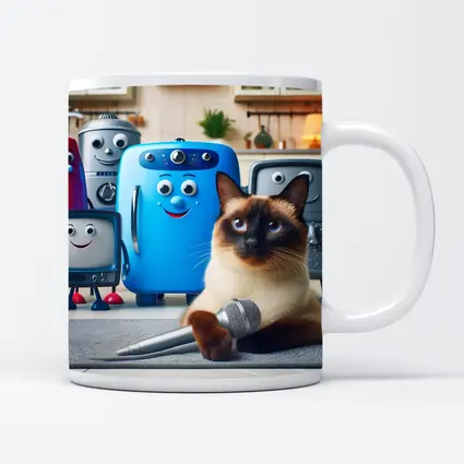 Siamese Cat With Cartoon Appliances Kitchen Scene