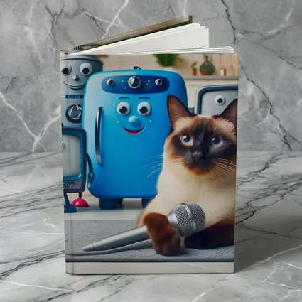 Siamese Cat With Cartoon Appliances Kitchen Scene