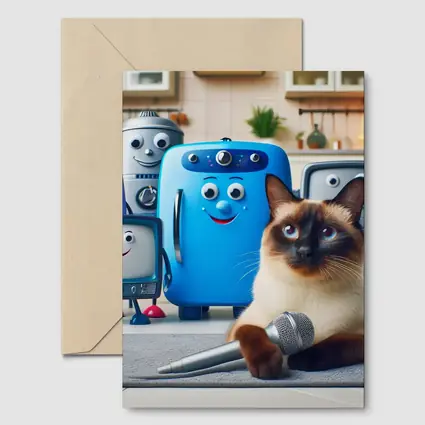 Siamese Cat With Cartoon Appliances Kitchen Scene