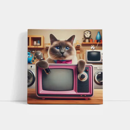Birman Cat Holding Microphone Retro Pink TV