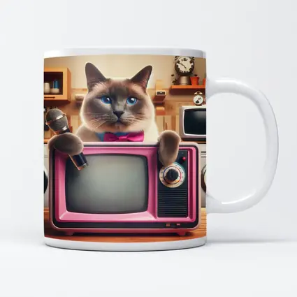 Birman Cat Holding Microphone Retro Pink TV