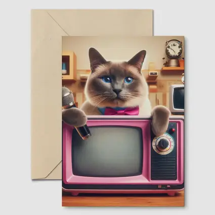 Birman Cat Holding Microphone Retro Pink TV