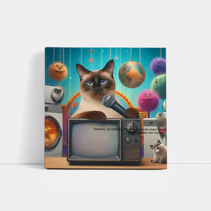 Siamese Cat Hosting TV Show Colorful Scene