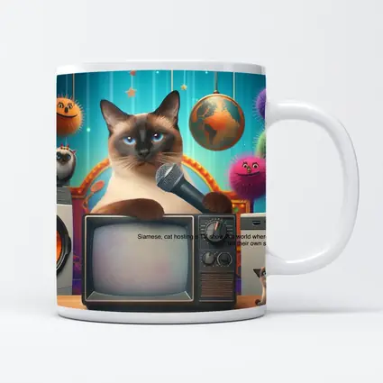 Siamese Cat Hosting TV Show Colorful Scene