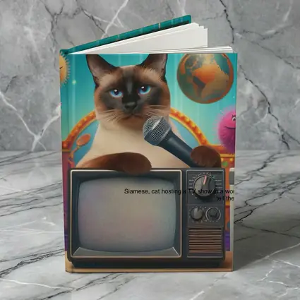 Siamese Cat Hosting TV Show Colorful Scene