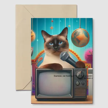 Siamese Cat Hosting TV Show Colorful Scene