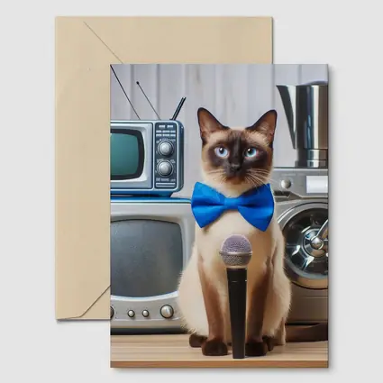 Siamese Cat Blue Bow Tie Microphone Retro
