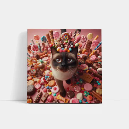 Siamese Cat Surrounded by Colorful Candy
