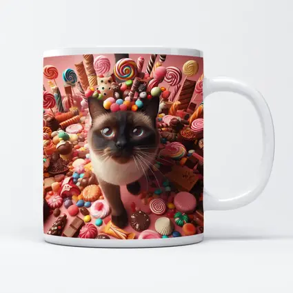 Siamese Cat Surrounded by Colorful Candy