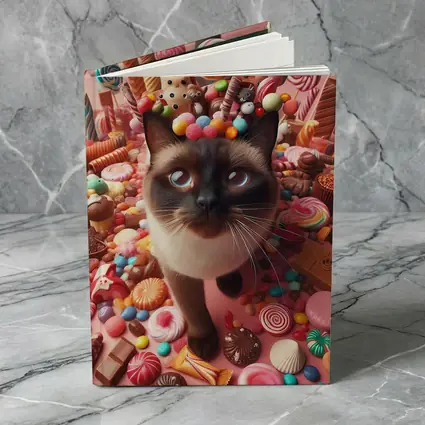 Siamese Cat Surrounded by Colorful Candy