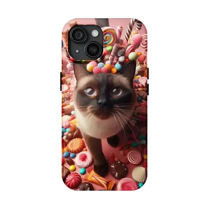 Siamese Cat Surrounded by Colorful Candy