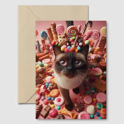Siamese Cat Surrounded by Colorful Candy