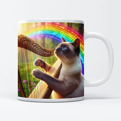 Siamese Cat Playing Harp Rainbow Forest