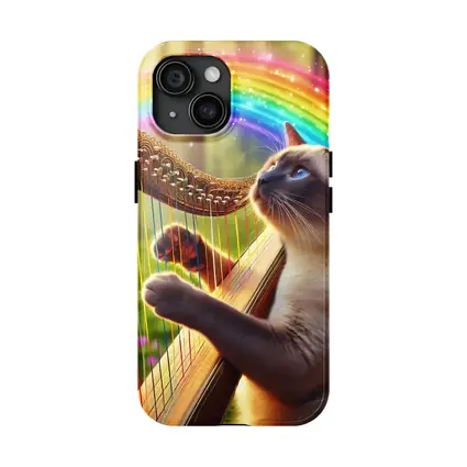 Siamese Cat Playing Harp Rainbow Forest