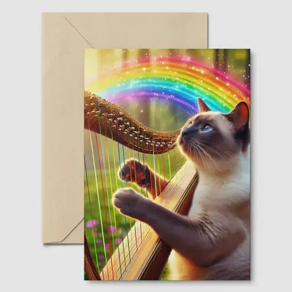 Siamese Cat Playing Harp Rainbow Forest