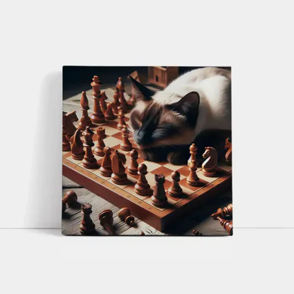 Siamese Cat Sleeping on Chess Board