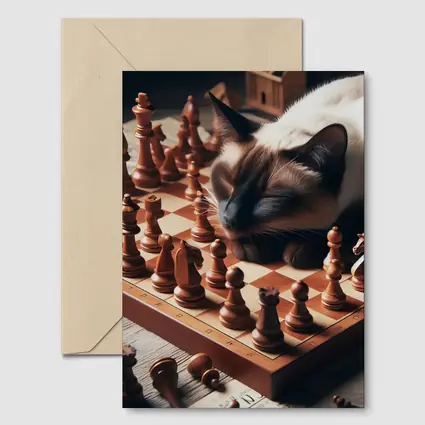 Siamese Cat Sleeping on Chess Board