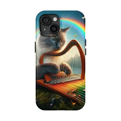 Birman Cat Playing Harp Rainbow Fantasy