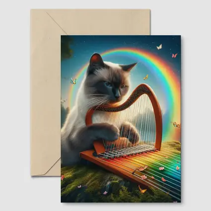 Birman Cat Playing Harp Rainbow Fantasy