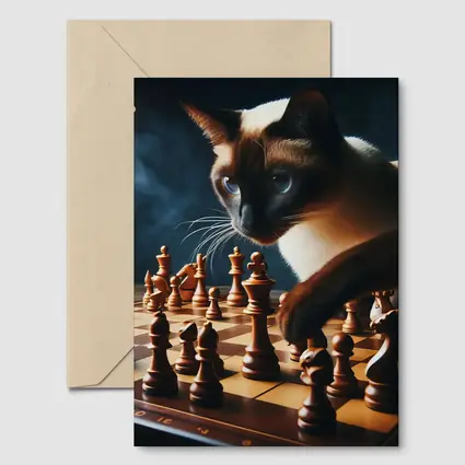 Siamese Cat Studying Chess Board Game