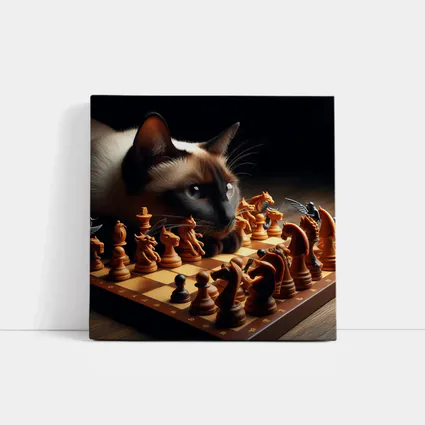 Siamese Cat Studying Chess Board Game