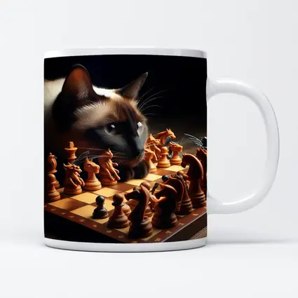 Siamese Cat Studying Chess Board Game
