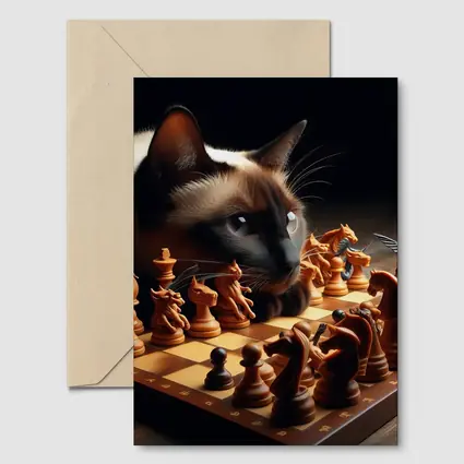 Siamese Cat Studying Chess Board Game