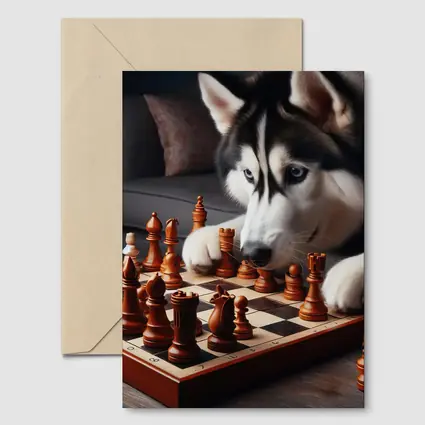 Siberian Husky Dog Playing Chess Indoors