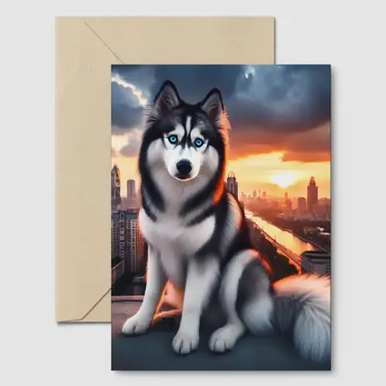 Siberian Husky Blue Eyes City Sunset