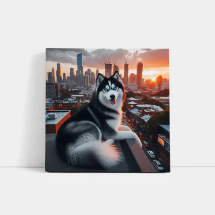 Siberian Husky Dog City Skyline Sunset