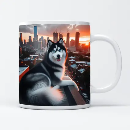 Siberian Husky Dog City Skyline Sunset
