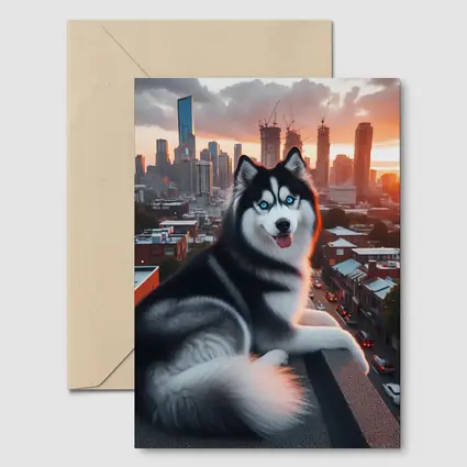 Siberian Husky Dog City Skyline Sunset