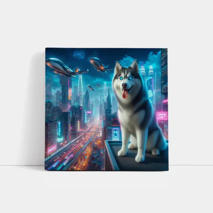 Siberian Husky Cyberpunk Neon City Night
