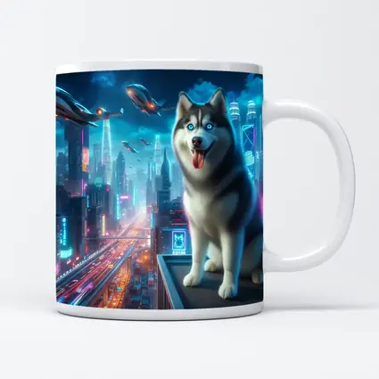 Siberian Husky Cyberpunk Neon City Night