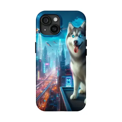 Siberian Husky Cyberpunk Neon City Night