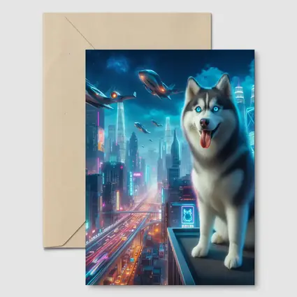 Siberian Husky Cyberpunk Neon City Night