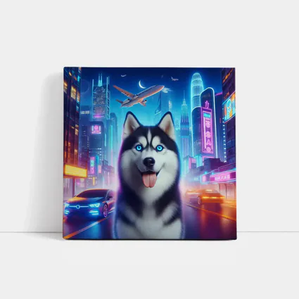 Siberian Husky Neon City Night Scene